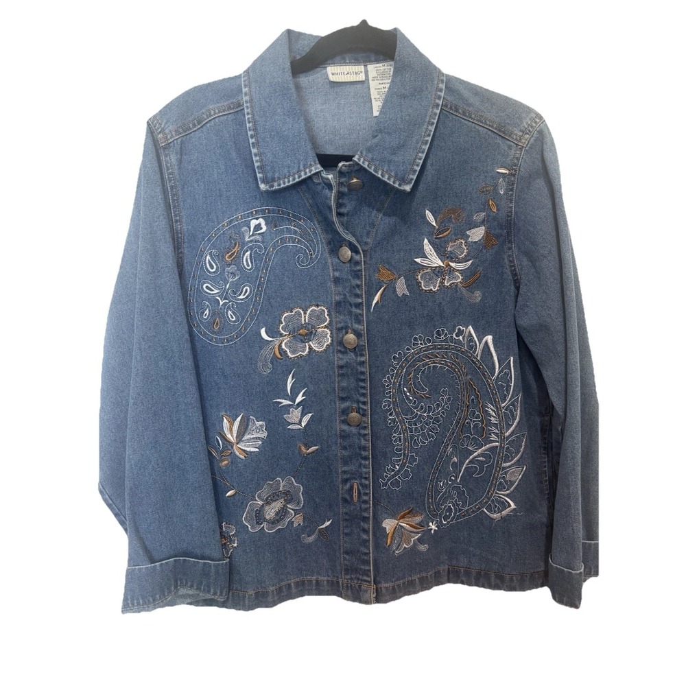 Floral Denim Jean Jacket Embroidered Grunge Granny Cottagecore Boho Medium Large